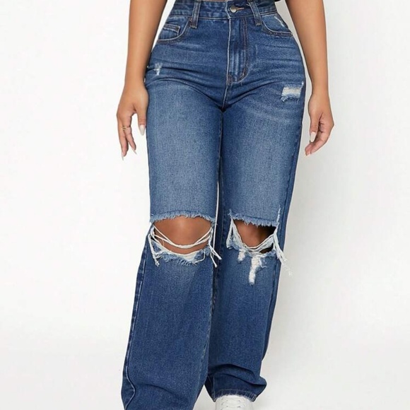 SHEIN Denim - SHEIN PETITE Ripped Frayed Cut Out Straight Leg Jeans Blue Dark Wash sz. XXS